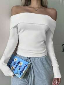Camiseta ajustada de hombros descubiertos de punto rosa para mujeres - Blanco - Ver 4