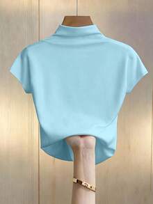 Camiseta blanca de manga corta ajustada con pliegues de unicolor y versátil para mujer - Azul - Ver 2