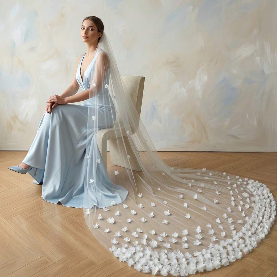 1pc Handmade 3D Floral Cathedral Veil Bridal Headpiece With Comb, Suitable For Wedding, Window Display, Beach Wedding Photography Props