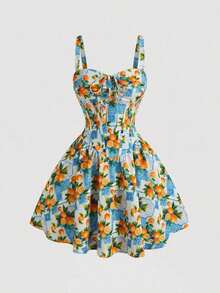 Vestido midi acampanado con cintura fruncida y estampado de flores, con decoración de lazo.Ideal para rave, estilo bohemio, conciertos, graduación, romántico, verano, elegante, vacaciones, fiestas, fluido, invitada de boda, té, modesto, baile d - Azul y blanco - Ver 3