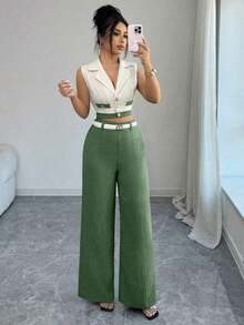 Conjunto de blazer corto sin mangas de color contrastante y pantalones rectos elegantes de estilo de oficina para mujer, atuendo profesional de oficina, vestimenta de maestra, ropa para ir y venir y uso casual - Verde - Ver 6