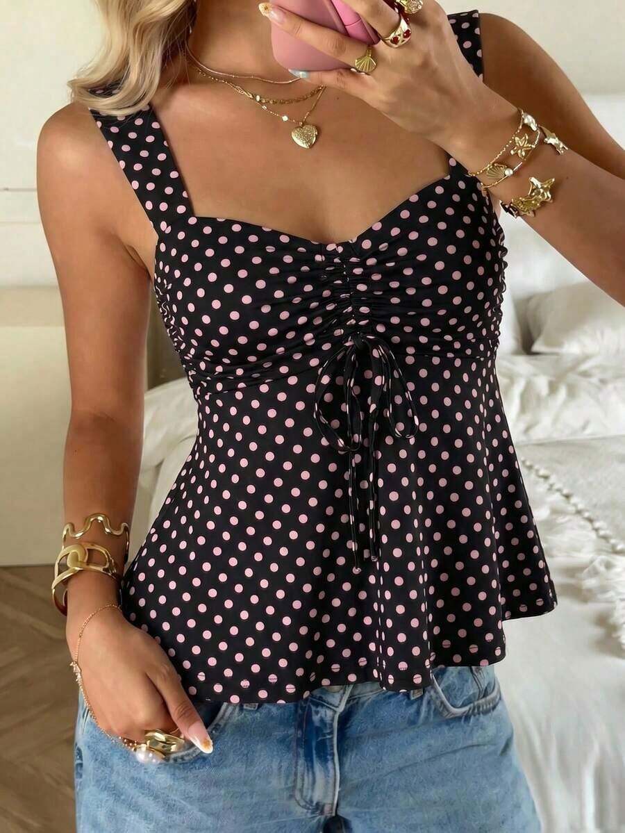 Nueva Colección Primavera/Verano 2026 para Mujer: Blusa/Top sin Mangas con Volantes y Cordón Ajustable, Estampado de Lunares Amarillo Buttercup y Marrón, Estilo Casual y Versátil, Top de Verano - Marrón 2 - Ver 1