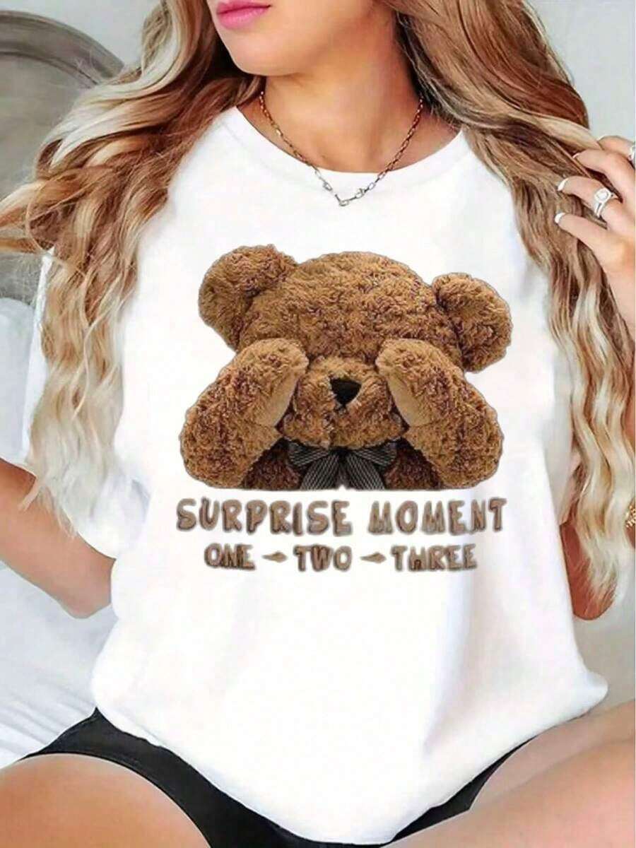 Women's T-Shirt With Teddy Bear Design, Brown, Soft Cotton, Casual Style, Round Neck, Short Sleeve, Stylized Black Text On Black Background, Modern Design, Breathable And Comfortable - 白色 - 查看 1