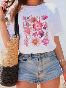 Camisetas de algodón 100% con estampado floral para mujer, de color sólido, cuello redondo, manga corta, estilo sencillo y holgado, ideales para el uso diario en verano. Camisetas casuales de verano para mujer, tallas S-7XL, perfectas para todo tipo de cuerpos, ideales para citas, actividades al aire libre y uso casual, con un estilo clásico americano.Transpirable y cómodo - Blanco - Ver 11