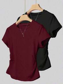 Set de 2 blusas de verano para mujer, camisetas con cintura ceñida, diseño de unicolor, burdeos y negro clásicos, de alta gama, para estudiantes, uso casual diario, adecuado para salir, ir de compras, usar en la oficina - Multicolor 2 - Ver 8