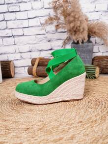Giày đế xuồng và đế cao kiểu espadrille cho nữ, sandal quai ngang dệt màu đen mũi tròn thích hợp cho kỳ nghỉ biển, đế dây thừng co giãn, kết hợp với giày nữ. - màu xanh lá - Xem 9