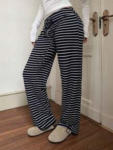 Pantalones deportivos de mujer de tiro bajo a rayas con cordón para la cintura, pantalones anchos de yoga/para el hogar, otoño/invierno - Azul y blanco - Ver 7
