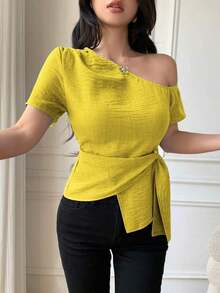 Blusa casual elegante de hombros con nudo, de corte slim para mujeres - Amarillo - Ver 6