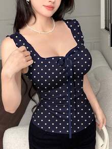 Camiseta ajustada de verano con estampado gráfico de lunares blancos y azul marino, con lazo en la cintura, tops femeninos lindos, ropa con estampado de lunares - Multicolor - Ver 5