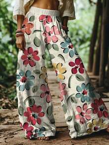 [Free Shipping]Women's Bohemian Style Watercolor Floral Print Wide Leg Pants, Vacation  Summer Pants Women,Tall Pants For Women Tall - 風格 - 查看 1