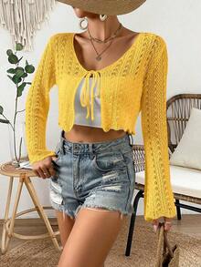 Cárdigan de punto calado de color liso casual para vacaciones - Mostaza Amarilla - Ver 3