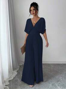 Mono de mujer elegante con cuello en V profundo, mangas tipo murciélago y plisados, de unicolor - Azul marino - Ver 6