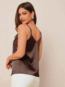 Camiseta de satén azul elegante para mujer con cuello de encaje, versátil para usar en primavera/verano o como prenda de abrigo debajo de chaquetas en otoño/invierno - Café integral - Ver 2