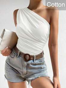 Top corto de mujer de unicolor con pliegues y sin mangas, de moda - Blanco - Ver 1