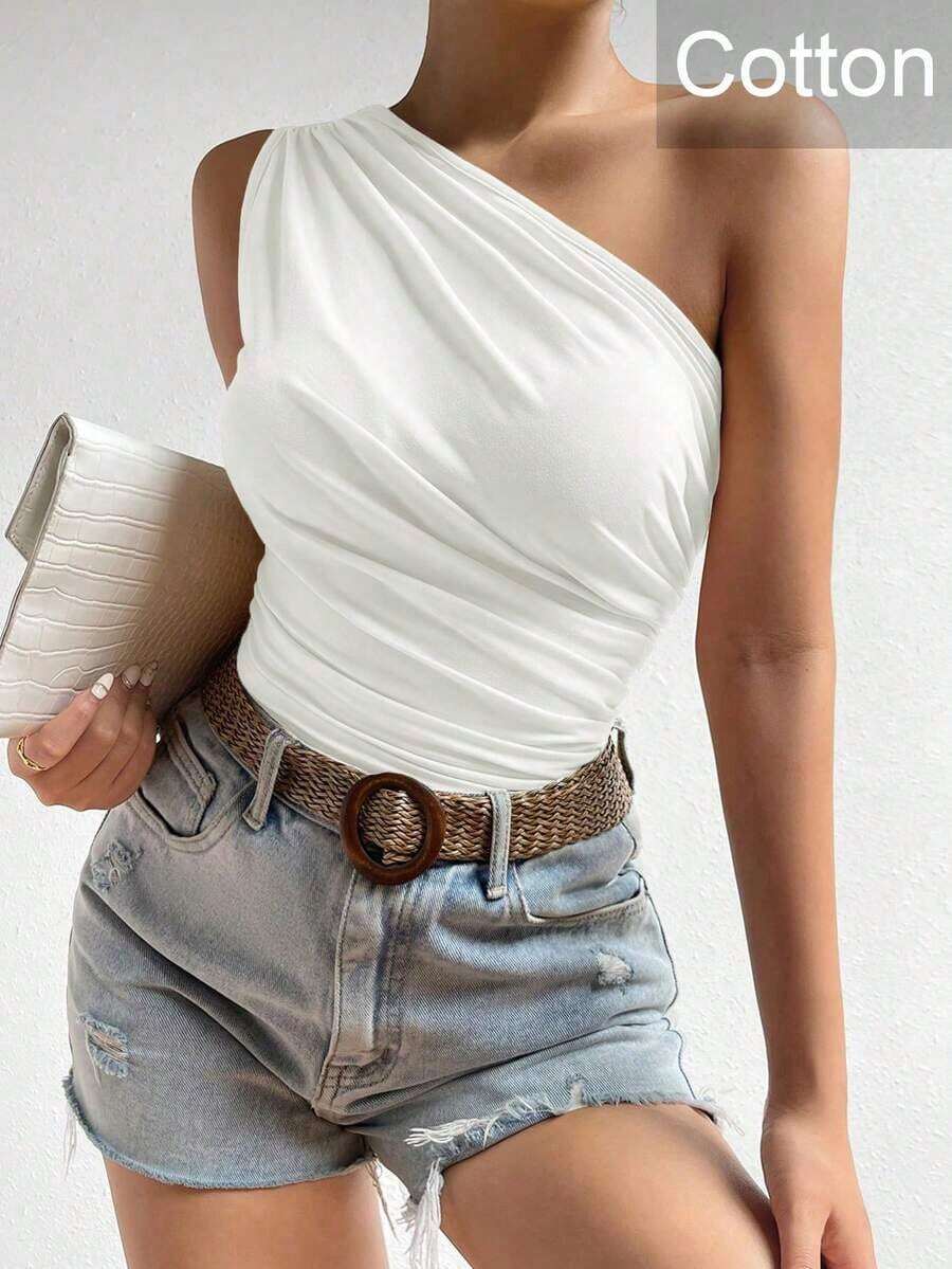 Top corto de mujer de unicolor con pliegues y sin mangas, de moda - Blanco - Ver 1