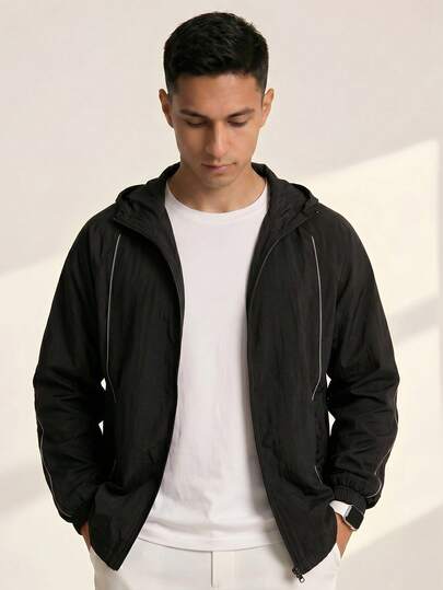 Driftmere 1pc Men's Black Pleated Textured Hooded Zip-Up Jacket, Lightweight Breathable Comfortable Minimalist Vintage Style Men's Outerwear, Machine Washable & Dry Cleanable, Wrinkle-Resistant, Casual Wear