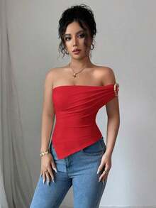 Blusa de verano para mujer con hombros decorados con botones y bajo asimétrico elegante - Rojo - Ver 3
