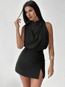 Camisa de color albaricoque con detalle asimétrico de volantes elegante para mujer, a la moda para el trayecto al trabajo, la oficina, el uso diario, las vacaciones y los festivales de música, primavera/verano - Negro - Ver 4