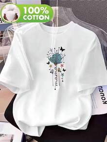 Soft Women's 100% Cotton T-Shirt; [Mother's Day Gift] With A Delicate Dandelion Floral Print; Comfortable Casual Top For Women; Soft Loungewear; Breathable Short-Sleeve T-Shirt For All Seasons; Essential Short-Sleeve Crew Neck T-Shirt For Spring, Summer And Autumn; Elegant Blouses For Women. - 白色 - 查看 7