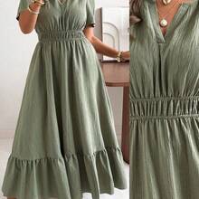 Plus Size Women's New Elegant Casual Loose V-Neck Short Sleeve Textured Fabric Swing Dress, Suitable For Wedding Guest, Bohemian Style Super Long Spring/Summer Dress - Rojo violeta - Ver 2