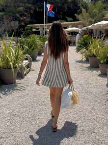 Conjunto de vacaciones para mujer: Vestido mini casual de playa de estilo bohemio con parches a rayas, elegante para el verano - Gris - Ver 4