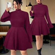 Vestido elegante de unicolor de punto elástico con cuello alto para mujer talla grande, nuevo para otoño/invierno - Burdeos - Ver 1