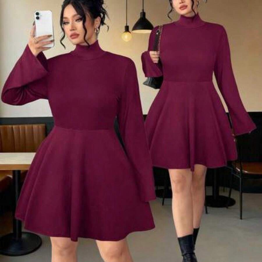 Vestido elegante de unicolor de punto elástico con cuello alto para mujer talla grande, nuevo para otoño/invierno - Burdeos - Ver 1