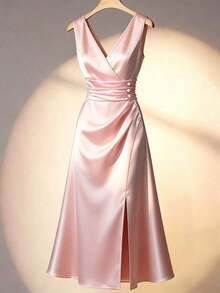 Vestido maxi elegante de satén color crema marfil sin mangas con cuello en V, cintura fruncida y abertura lateral.Alta calidad para ocasiones formales y citas - Rosa - Ver 1