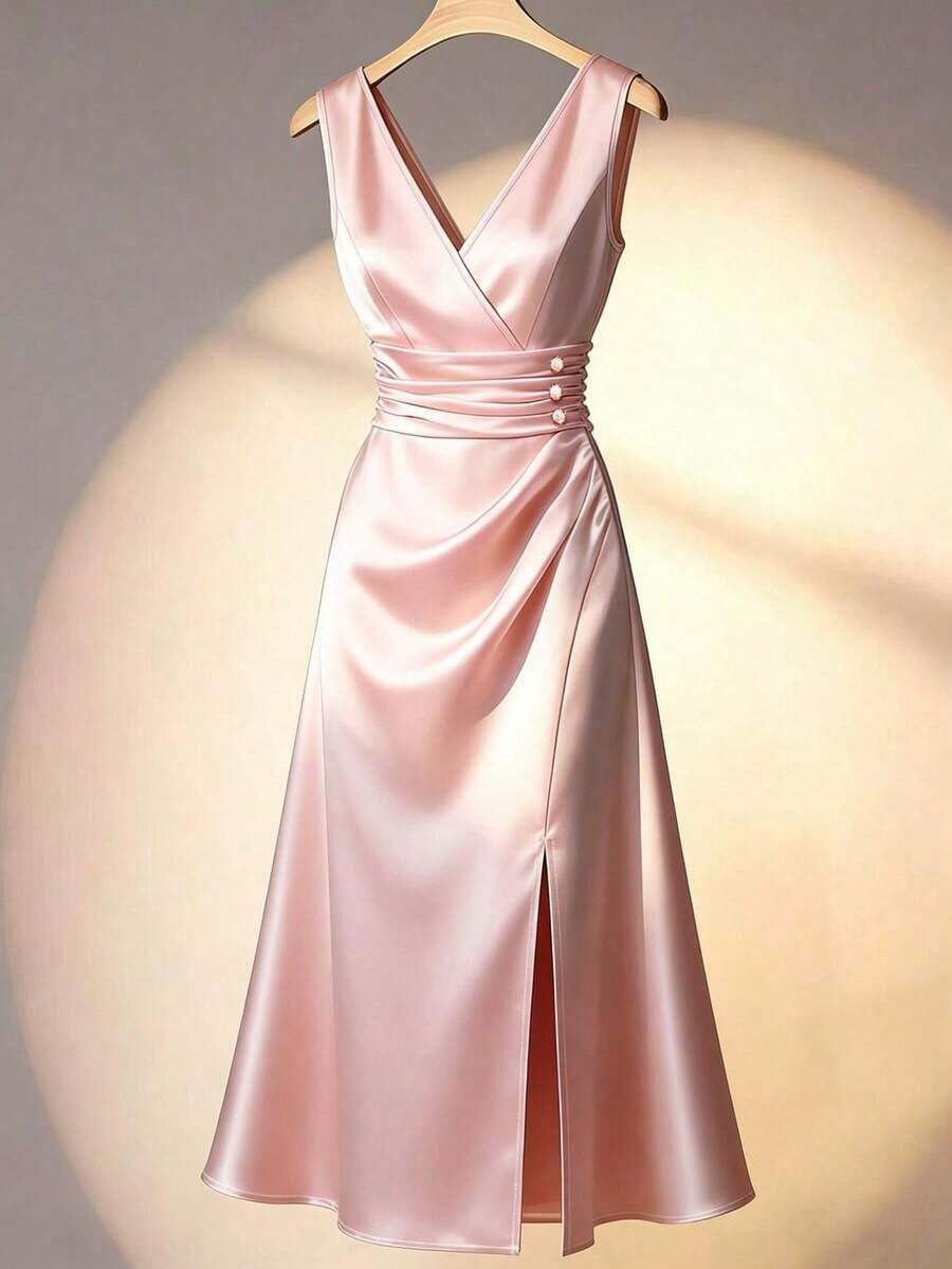 Vestido maxi elegante de satén color crema marfil sin mangas con cuello en V, cintura fruncida y abertura lateral.Alta calidad para ocasiones formales y citas - Rosa - Ver 1