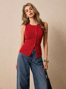 Camiseta sin mangas casual de cuello redondo y de un solo abotonadura para mujer - Rosa Roja - Ver 7