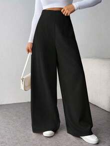Pantalones anchos de cintura alta con textura, de moda minimalista y casual, ideales para volver al colegio - Negro - Ver 4