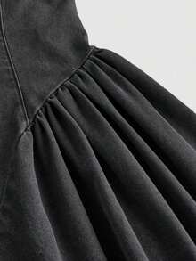 MOD Vestido de mezclilla casual de verano para mujer con cuello cuadrado y mangas acanaladas sin mangas - Negro - Ver 4