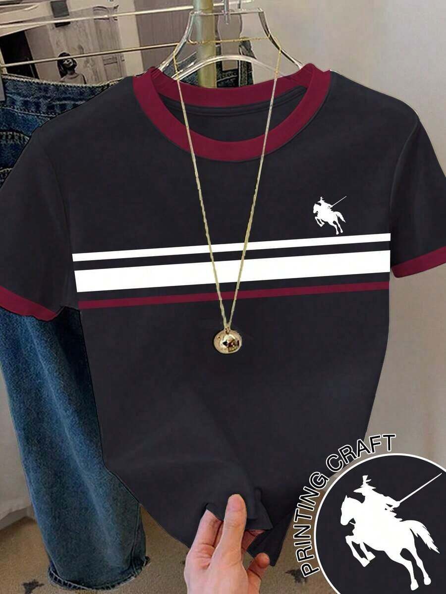 RCamiseta casual de mujer de cuello redondo con estampado gráfico de rayas y bloques de color - Negro - Ver 1