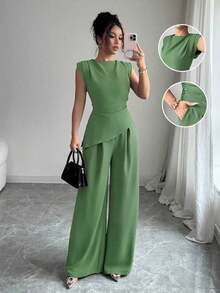 blusas sin mangas de cuello redondo con textura y pliegues de unicolor para mujer - verde menta - Ver 1