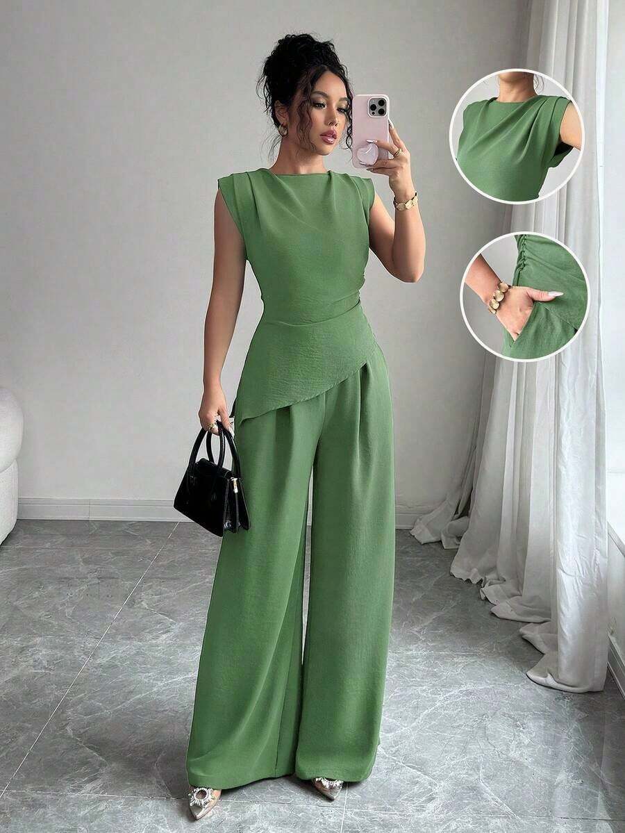 blusas sin mangas de cuello redondo con textura y pliegues de unicolor para mujer - verde menta - Ver 1
