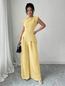blusas sin mangas de cuello redondo con textura y pliegues de unicolor para mujer - amarillo ganso - Ver 3