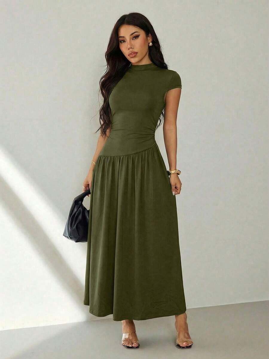 Vestido casual largo plisado de manga abullonada y cuello alto en unicolor para mujer, de verano - Verde militar - Ver 1