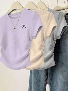 Set de 3 camisetas de mujer de manga corta, cuello redondo, unicolor, con detalle de volantes y estampado de mariposa, de estilo casual y slim para el verano - Multicolor 5 - Ver 6