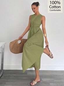 Vestido sin mangas de línea A de algodón y lino para mujer, primavera/verano - Verde - Ver 1