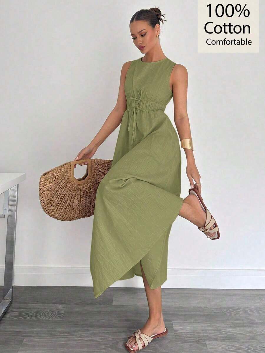 Vestido sin mangas de línea A de algodón y lino para mujer, primavera/verano - Verde - Ver 1