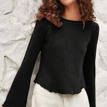 Lettuce Trim Trumpet Sleeve Asymmetrical Hem Tee - Verde militar - Ver 2