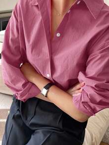 Camisa holgada de mujer de unicolor, de manga larga y de abotonadura sencilla - Rosa - Ver 4
