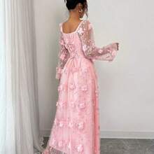 Elenzya Women's Elegant Retro Charming Princess Gentle Lady Net Yarn Long Sleeve Square Collar Waist A-Line Fluffy Hem Solid Color 3D Floral Embroidered Net Dress Fall Cloth For Women - Rosa - Ver 3