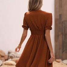 Swiss Dot Puff Sleeve Ruffle Detail Shirred Waist A-line Dress - Verde militar - Ver 3