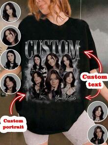 Camisa oversize, regalo para novia/esposa, camiseta personalizada para mujer - Agrega tu propio texto e imágenes (fotos familiares/selfies/fotos de mascotas/fotos de amigos/fotos de fiestas) para diseñar tu propia camiseta impresa personalizada, fotos de jóvenes/pareja/familia/mascotas, regalo de aniversario, negro casual, para el verano familiar, estética retro Y2K - Negro - Ver 8