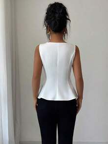 Blusa elegante de cuello cuadrado sin mangas para mujer, adecuada para la oficina, el transporte, el té de la tarde, las fiestas, las vacaciones y ocasiones casuales - Blanco - Ver 3