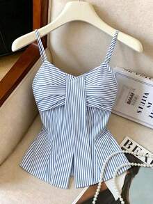 Nuevo diseño de verano/primavera de moda casual vintage estilo americano, camisa de lino azul difuminado con pliegues, abertura y cintura ceñida, vestido línea A para uso diario y vacaciones, diseño único y encantador para mujeres - Azul y blanco - Ver 1