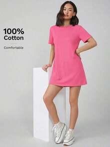 Vestido corto de mujer de unicolor para uso casual, diario y de fiesta - Rosa Fucsia - Ver 4