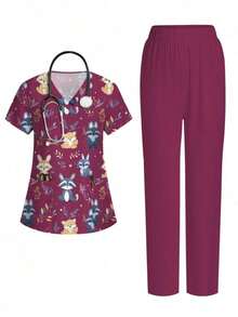Conjunto de 2 piezas con top de manga corta con cuello en V blanco con bolsillo y diseño de oreja colgante, estampado de mariposa y flores, y pantalón recto para mujer, uniforme de enfermera de primavera/verano, conjunto casual, uniforme - Multicolor 2 - Ver 9