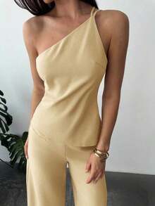 Nuevo conjunto de verano elegante de vacaciones de 2 piezas de lino, con top de cintura fruncida y espalda descubierta de dobladillo asimétrico en color albaricoque y pantalón largo de cintura alta - Amarillo claro - Ver 5